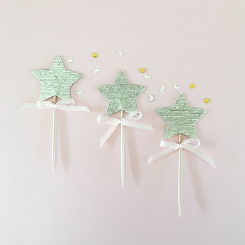 Cupcake Toppers-Ασημί Αστέρια Με Ροζ Φιογκάκι-Hand Made by Ministry Of Art (6pcs)