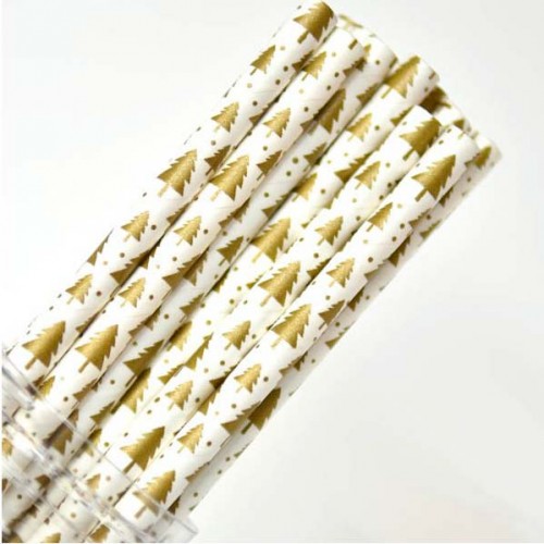 Χάρτινα Καλαμάκια Με Χρυσό Έλατο 25-pack
