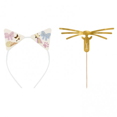 Σετ 5 Στέκες Αφτιά Γατούλας & Μουστάκι Pink Kitty PartyDeco