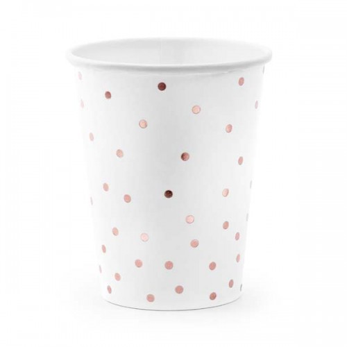 Χάρτινα Ποτήρια Λευκά Με Ροζ-Χρυσό Πουά PartyDeco