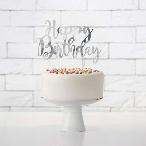 Cake Topper Happy Birthday Ασημί Διακοσμητικό Τούρτας