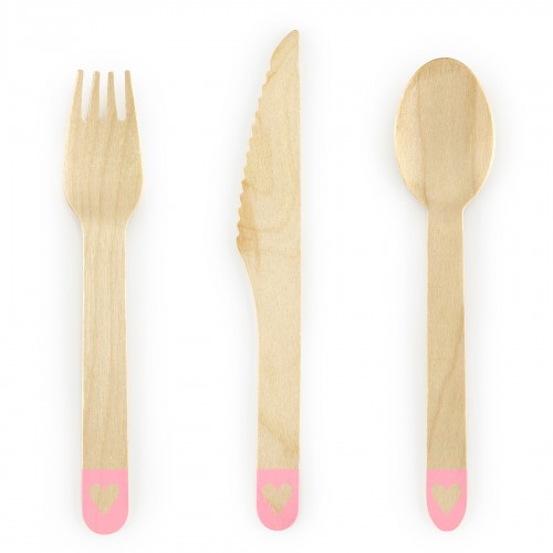 Σετ Ξύλινα Μαχαιροπίρουνα Καρδιά Με Ροζ Λεπτομέρεια 18-pack