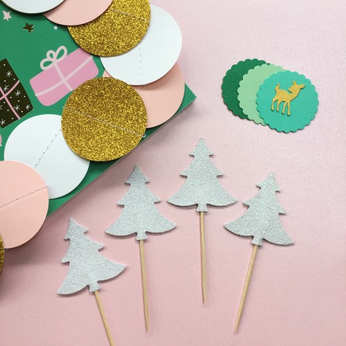 Cupcake Toppers Glitter Λευκά Έλατα-Hand Made By Ministry Of Art 6pcs