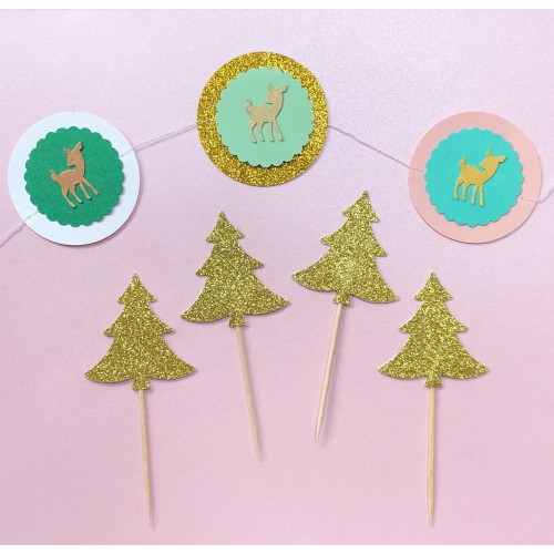 Cupcake Toppers Glitter Sparkle Χρυσά Έλατα-Hand Made By Ministry Of Art 6pcs