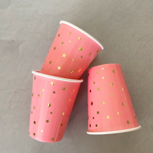 Χάρτινα Ποτήρια Ροζ Με Χρυσά Αστέρια 8pcs 