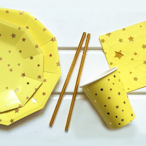 Χάρτινα Ποτήρια Κίτρινα Με Χρυσά Αστέρια 8pcs 